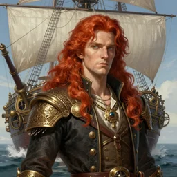 a portrait of a long haired, red headed male sky - pirate in front of an airship, steampunk fantasy, intricate, elegant, highly detailed, digital painting, trending on artstation, concept art, smooth sharp focus, illustration, art by artgerm and greg rutkowski