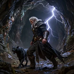 a highly detailed matte portrait of a drizzt do'urden stalking through a cavern with his panther companion, male, d & d, fantasy, viewed in profile from far away, crackling black lightning, ultrawide lens, art by john collier and albert aublet and krenz cushart and artem demura and alphonse mucha, volumetric lighting, octane render, 4 k resolution, trending on artstation, masterpiece