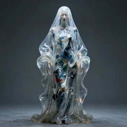 stunning, breathtaking, awe - inspiring award - winning biomorphic anthropomorpic transparent gelatinous humanoid wearing a burqa abstract expressionist splatter painting, extremely moody lighting