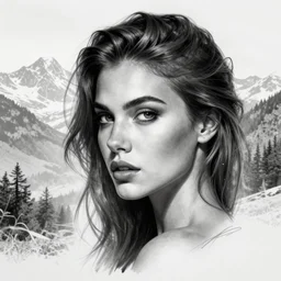 tattoo design sketch of a sexy woman face with a faded background of beautiful mountains and nature on her side, hyper - realistic, in the style of den yakovlev, amazing detail, black and white