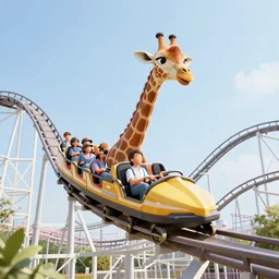 photo of an anthropomorphic giraffe riding a roller - coaster, wide angle, highly - detailed realistic
