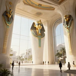 the inside of a monument with egyptian motifs, by tim blandin and arthur haas and bruce pennington and john schoenherr, big windows architecture by zaha hadid, octane render, warm colour scheme, white, cinematic, scenery, cgsociety, modernism, futuristic, trending on artstation, sci - fi, high detail, high quality, sharp focus, close up angle, people walking