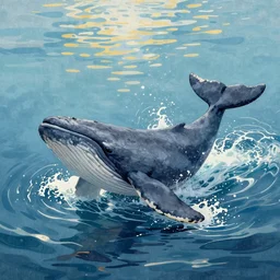 An aesthetically pleasing, dynamic, energetic, lively, well-designed digital art of a whale, ripples, waves, sea foam, light and shadow, ocean caustics, aizome patterns, shin-hanga by Claude Monet, traditional Japanese colors, superior quality, masterpiece, excellent use of negative space.