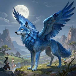 Blue feathered wolf with wings on a beautiful fantasy landscape, hills, mountains, moonlit, HD, illustration, epic, D&D, fantasy, intricate, elegant, highly detailed, digital painting, artstation, concept art, smooth, sharp focus, illustration, art by artgerm and greg rutkowski and alphonse mucha and jin xiaodi and anthony devine and yigit korogly