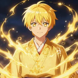 adult male ; short blonde hair ; starry eyes ; bright colours ; idol ; golden energy swirls ; wearing golden kimono ; drawn by mengo yokoyari ; digital art ; high detail ; trending on artstation ; anime key visual