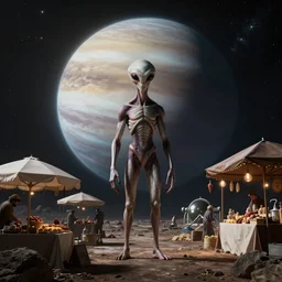 a humanoid alien market, photography, life in space, on Neptune