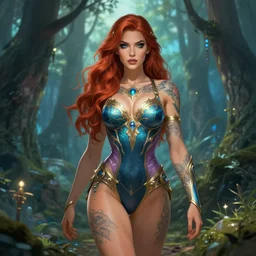 a tattooed beautiful female warrior wearing a magical leotard in a magical forest, fantasy art, in the style of greg rutkowski, illustration, epic, fantasy, intricate, hyper detailed, artstation, concept art, smooth, sharp focus, vibrant