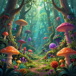a forest of alien plants and fungi, award winning concept art, colorful, vibrant, surreal, from a science fiction book cover, trending on artstation