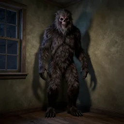 a tall and scary creature covered in fur standing in the corner of a room, eerie, dslr photography, scary, vintage, digital art, 3 d render, octane, night - time, corona render