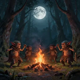 “Artstation. goblins dancing around bonfire in dark eery forest with moon in fish eye perspective. Dark, intricate, highly detailed, smooth, in style of Mike Savad”