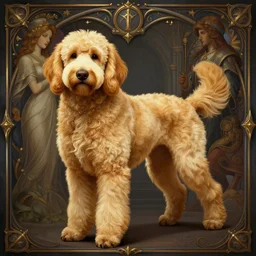 full body photograph of a golden doodle, deep focus, intricate, elegant, regal, highly detailed, digital painting, artstation, concept art, matte, sharp focus, illustration, d & d, fantasy, hearthstone, art by artgerm and greg rutkowski and alphonse mucha