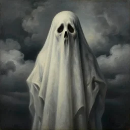 portrait of a scary creepy ghost death, clouds in the background, by rene magritte, detailed painting, distance, middle centered, hd, hq, high resolution, high detail, 4 k, 8 k