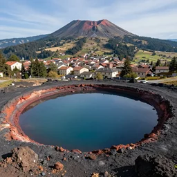lava pool in a volcano with an italian town in the dolomites mountains