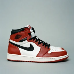 a studio photoshoot of Air Jordan 1 sneakers designed by Virgil Abloh, leather and suede, Off-White, realistic, color film photography by Tlyer Mitchell, 35 mm, graflex