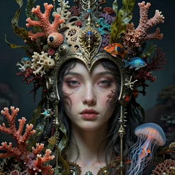hyperrealistic detailed face portrait photo of the beautiful young goddess of the red coral reef with an intricate helmet of corals, sea kelp, sea plants, fish, jellyfish, sharp focus, moody atmosphere, highly detailed digital painting, art by ernst haeckel, h. r. giger, alphonse mucha, gothic, neo - gothic, hyper - ornamental,
