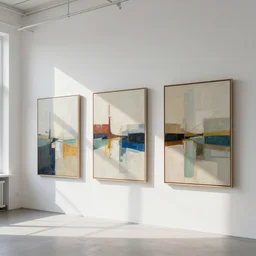 : abstract paintings on wall in white art studio with modern architecture