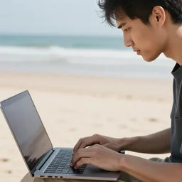 photo of man working on laptop at beach, perfect face, fine details, 4 k, bokeh