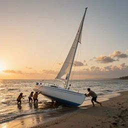 sailboat stuck on sandbar at low tide, sunset, ewoks helping to push it free