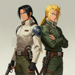 solid snake and aloy standing back to back, posing, medium shot, natural lighting, digital art, illustration, highly detailed, by neal adams,