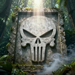 punisher symbol carved deeply into stone edifice in the jungle with luminous smoke and light rays.