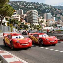 lightning mcqueen racing in the streets of monaco against lewis hamilton in a mercedes