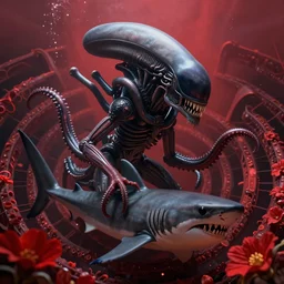 underwater xenomorph alien mixed with sharks extra teeth tentacles labyrinth highly detailed digital painting artstation concept art, photorealistic, 8 k, highly detailed, texture, only red, flowers, red light