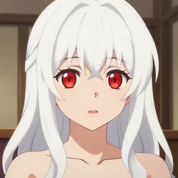 high quality anime visual of a cute girl, with red eyes and long white hair in her room interior, art by makoto shinkai, crunchyroll, pixiv, danbooru, detailed anime face, cel shaded, smoothed lip line, digital art, ambient lighting