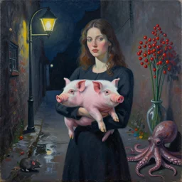 a portrait in a dark laneway, a woman holding a piglet, streetlamps, wet, puddles, wild berries, rats, ikebana, octopus, neo - expressionism, surrealism, acrylic and spray paint and oilstick on canvas