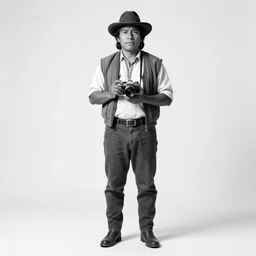 full body portrait of ecuador ingenious warrior : : 2 holds old style camera : : 2 epic : : 1 b & w, detailed linework, cinematic, black paper, ornate, symmetrical, vintage : : 1 highly detailed, editorial fashion photo, vintage vogue magazine, body portrait, super detailed, photorealistic, epic, necroxii