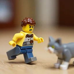 scared lego man running from a cat, macro photography 35mm, depth of field