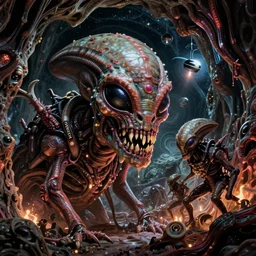space alienslimy, glossy, sharp teeth, by h. r. giger, and space odyssey 2 0 0 1, nightmare fuel, nightmarish, intricate, highly detailed, optical illusion, stranger things demogorgon, cave lighting, flickering