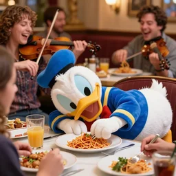 donald duck sleeping in a restaurant surrounded by laughing drunk people eating spaghetti and playing violins. highly detailed flash photography. shallow depth of field