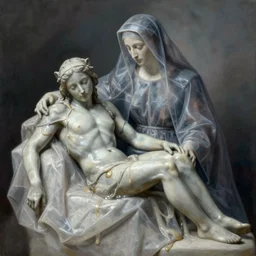 la pieta ultrarealistic ultradetailed medium shot painting of slimy catholic veiled transparent lady with still life, greg rutkowski, immerse, 1 9 th, special effects makeup, masterpiece, maximalist, glittering, gold, ivory, hyperreal, golden ratio, alphonse mucha