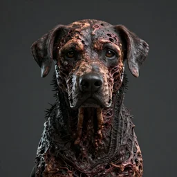 a render of centered detailed portrait of a deadly dog with rotten skin , by H. R. Giger and zdzisław Beksiński , unreal engine, 4k hd wallpaper:4 ,octane render, 16k, 8k, high res, well rendered, dslr, hyperreal:1.00, dark art n-4