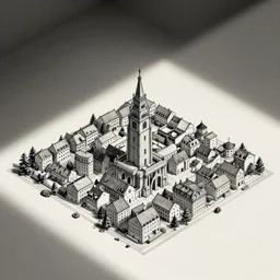 an isometric finely detailed pen and ink drawing of a town by mattias adolfsson