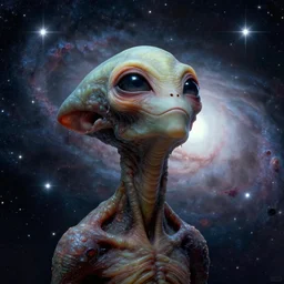 close - up portrait of a slimy alien looking up towards the sky, wondering about other intelligence, stars and bright nebula, chesley bonestell, lucien rudaux, rolf klep