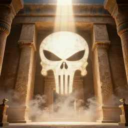 punisher symbol is giant arching entrance into ancient egyptian temple with luminous smoke and light rays.