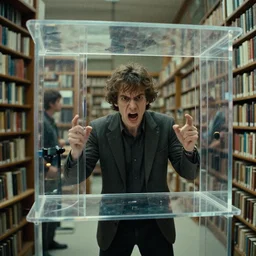 the transparent library, it is furious, film still from the movie directed by denis villeneuve and david cronenberg with art direction by salvador dali and frank frazetta