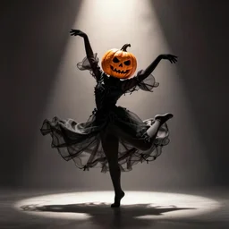 spoopy digital matte painting of dancing figure with a pumpkin skull