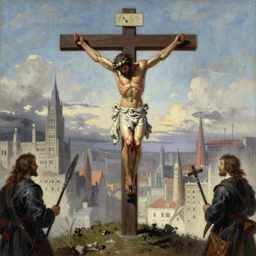 evangelion, crucifixion, in the apocalyptic city, detailed, impressionistic by james gurney, willem claesz heda and j. dickenson
