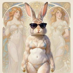 a cool anthropomorphic rabbit wearing sunglasses wearing a bikini, diffuse lighting, fantasy, intricate, elegant, highly detailed, lifelike, pastel, digital painting, artstation, illustration, concept art, smooth, sharp focus, art by frank frazetta and marco bucci and loish and rossdraws and artgerm and alphonse mucha