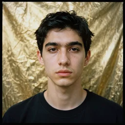 Hyper realistic portrait of alessiogarcai, ((gold fluid in the background)), Hyper realistic film photography by Yohji Yamamoto, Zeiss 50mm f2.8, Hasselblad, insanely detailed, sharp focus