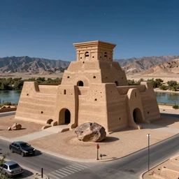 photo of a museum in a dessert next to river with mountains in the background, the museum is made out of rammed earth with huge rock in the front, the museum is huge and is 5 stories height and perforations holes and curves, the sky has stars and air with dusk, the view is street view, 8 0 k, octane,