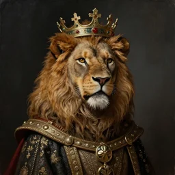 an oil painting portrait of a lion wearing medieval royal robe and an ornate crown on a dark background, digital Art, concept Art, highly detailed, 3-D 4K, trending on art station, Award winning, Mark Brooks