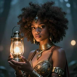 Stunning concept art portrait of one goddess with gorgeous afro holding a glowy lamp, highly detailed afrofuturism style, by Karol Bak and Jean Delville, evening ambience, sharp, well focused, volumetric soft lighting, artstation HD, 8K