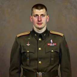 official portrait of yugoslavian dictator, nba star nikola jocic, 1 9 6 1, in military uniform, uniform inspired by denver nuggets, oil on canvas by william sidney mount, national archives, trending on artstation