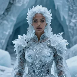 medium shot of a regal brown - skinned woman wearing an intricate armor made of many layers of ice. no makeup!! freckles!! haunting eyes. vulnerable. fragile. ethereal. elaborate. ice caves. glaciers. refracted light. extremely soft lighting. textures. delicate. translucent. by ray cesar. by louise dahl - wolfe. by andrea kowch. surreal photography.