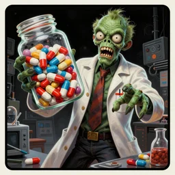 hyperdetailed cyber fun 70's poster painting in a color style of 70's black poster art of an a crazy pharmacist zombie holding a giant jar of pills, epic scale ultrawide angle, 3D  rendered, Vray rendered, octane render, unreal engine