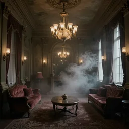 complicated liminal victorian hotel interior with vapor clouds, Lynchian, unsettling
