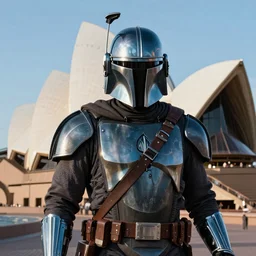 Mandolorian by the Sydney Opera House,cinematic, hyper realism, high detail, vivid colors, octane render, unreal engine, 8k, Smooth gradients, High contrast, depth of field by Jacek Yerka